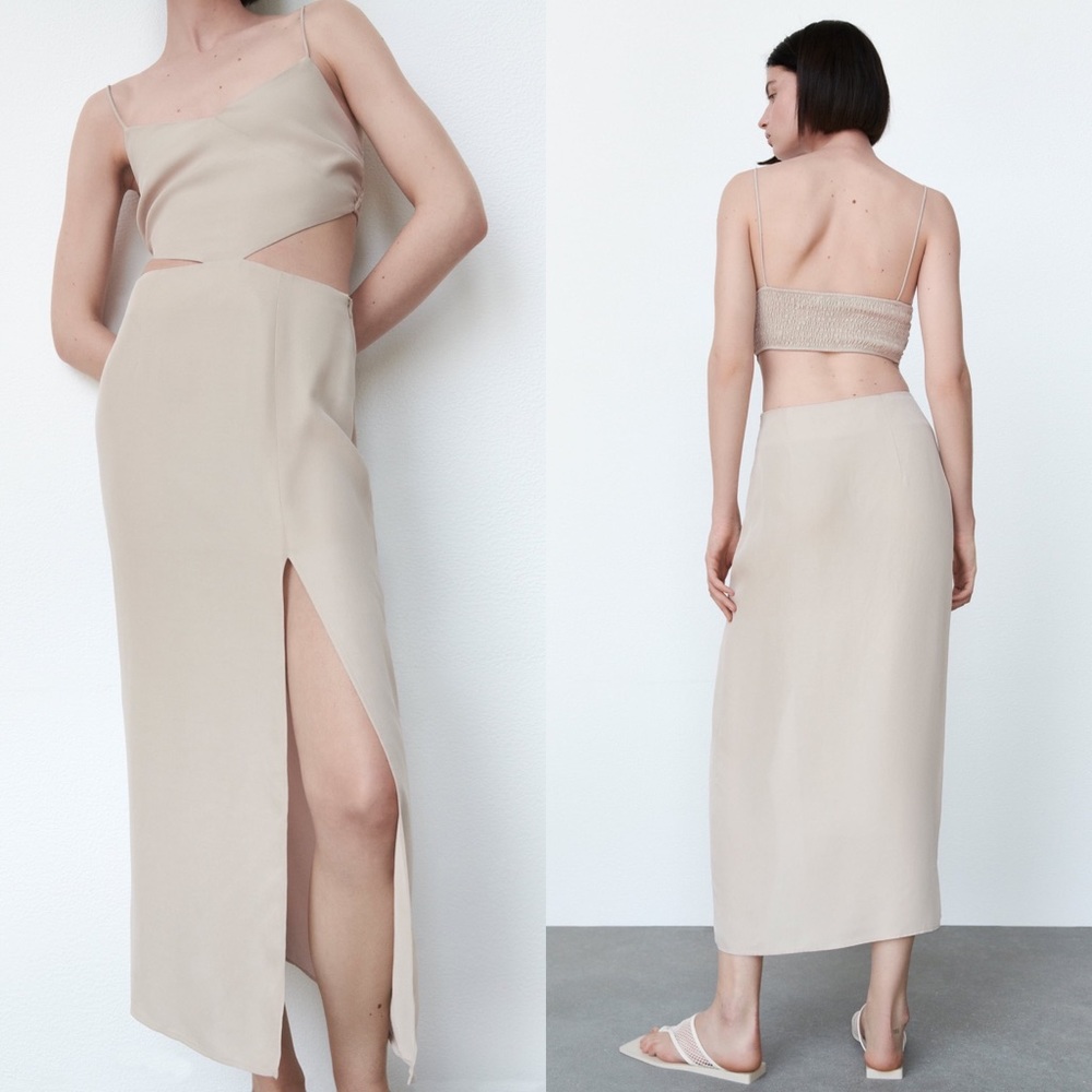 Zara CUT OUT V-neck Dress w/ Thin Straps Side Slits at Hem Beige SIZE S NEW